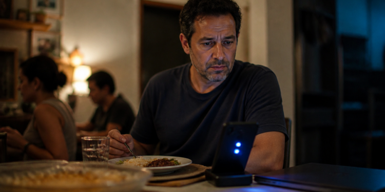Homem sentado à mesa durante o jantar observa um celular iluminado, com prato de comida e notebook fechado ao lado.