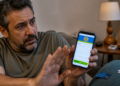 Homem preocupado segura um celular com formulário aberto na tela enquanto faz gesto de alerta ao lado de cartão e documentos.