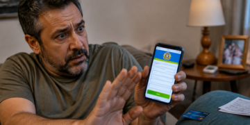 Homem preocupado segura um celular com formulário aberto na tela enquanto faz gesto de alerta ao lado de cartão e documentos.