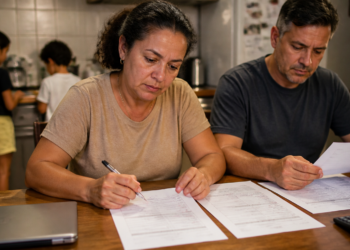 Casal analisa contratos e cobranças sobre uma mesa, com notebook e calculadora, enquanto duas crianças permanecem na cozinha ao fundo.