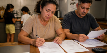 Casal analisa contratos e cobranças sobre uma mesa, com notebook e calculadora, enquanto duas crianças permanecem na cozinha ao fundo.