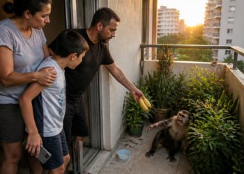 Família observa um macaco ferido entre plantas na varanda enquanto o homem se aproxima oferecendo duas bananas.