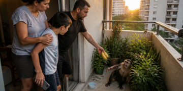 Família observa um macaco ferido entre plantas na varanda enquanto o homem se aproxima oferecendo duas bananas.