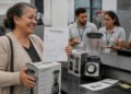 Cliente sorridente segura uma folha de reclamação formal e uma caixa de liquidificador em uma loja, ao lado do produto exposto no balcão e de atendentes ao fundo.