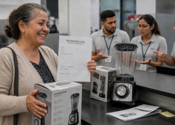 Cliente sorridente segura uma folha de reclamação formal e uma caixa de liquidificador em uma loja, ao lado do produto exposto no balcão e de atendentes ao fundo.