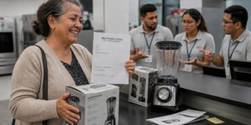 Cliente sorridente segura uma folha de reclamação formal e uma caixa de liquidificador em uma loja, ao lado do produto exposto no balcão e de atendentes ao fundo.