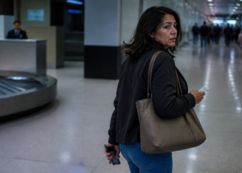 Passageira segura celular e comprovante enquanto olha para trás em uma área de retirada de bagagens vazia no aeroporto, sem a mala ao seu lado.