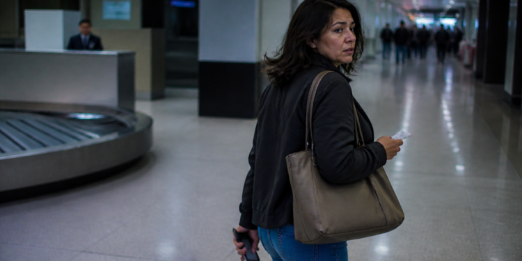 Passageira segura celular e comprovante enquanto olha para trás em uma área de retirada de bagagens vazia no aeroporto, sem a mala ao seu lado.