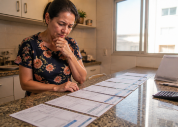 Mulher em uma cozinha observa várias contas alinhadas sobre a bancada, com expressão de preocupação, ao lado de uma calculadora e um suporte de mesa.