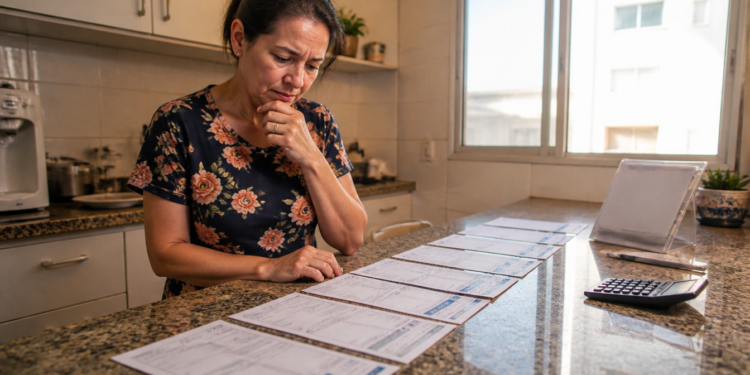 Mulher em uma cozinha observa várias contas alinhadas sobre a bancada, com expressão de preocupação, ao lado de uma calculadora e um suporte de mesa.