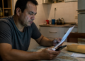 Homem sentado à mesa da cozinha compara um documento com informações no celular, ao lado de um envelope e outro comprovante.
