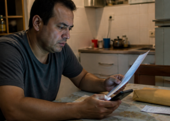 Homem sentado à mesa da cozinha compara um documento com informações no celular, ao lado de um envelope e outro comprovante.