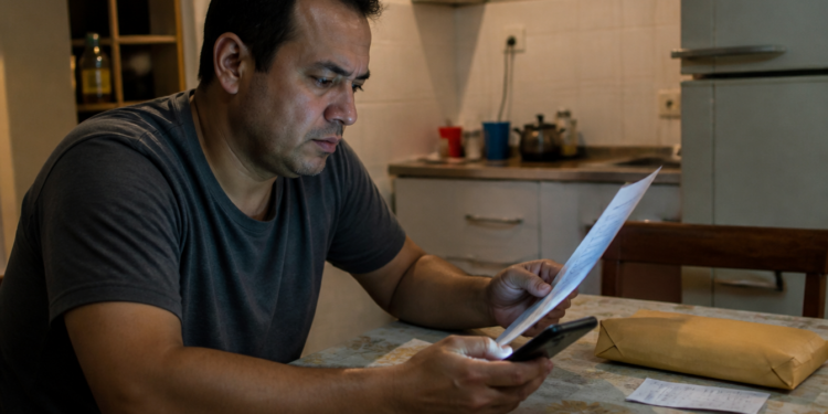 Homem sentado à mesa da cozinha compara um documento com informações no celular, ao lado de um envelope e outro comprovante.