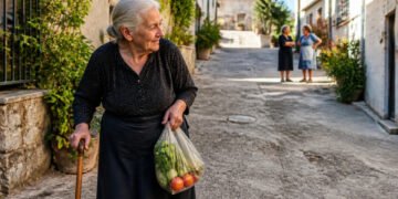 Mulher idosa com bengala e sacola de compras caminha por uma rua de vila, enquanto duas pessoas conversam ao fundo.