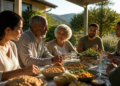 Grupo de adultos e idosos conversa durante uma refeição ao ar livre, com pratos variados sobre a mesa e paisagem verde ao fundo.