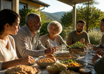Grupo de adultos e idosos conversa durante uma refeição ao ar livre, com pratos variados sobre a mesa e paisagem verde ao fundo.