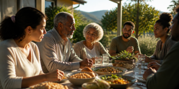 Grupo de adultos e idosos conversa durante uma refeição ao ar livre, com pratos variados sobre a mesa e paisagem verde ao fundo.
