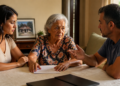 Mulher idosa sentada à mesa entre uma jovem e um homem observa um documento enquanto os três conversam em um ambiente doméstico.