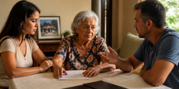 Mulher idosa sentada à mesa entre uma jovem e um homem observa um documento enquanto os três conversam em um ambiente doméstico.