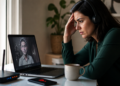 Mulher com fones de ouvido demonstra preocupação diante de um notebook com videochamada interrompida, ao lado de roteador e celular indicando falha na conexão.
