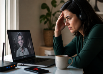Mulher com fones de ouvido demonstra preocupação diante de um notebook com videochamada interrompida, ao lado de roteador e celular indicando falha na conexão.