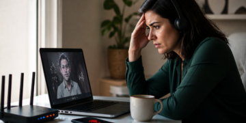 Mulher com fones de ouvido demonstra preocupação diante de um notebook com videochamada interrompida, ao lado de roteador e celular indicando falha na conexão.