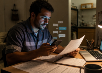 Homem sentado à mesa consulta mensagens no celular enquanto segura uma folha, com notebook, cadernos e documentos de trabalho organizados em um ambiente doméstico.