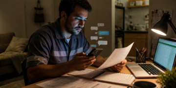 Homem sentado à mesa consulta mensagens no celular enquanto segura uma folha, com notebook, cadernos e documentos de trabalho organizados em um ambiente doméstico.