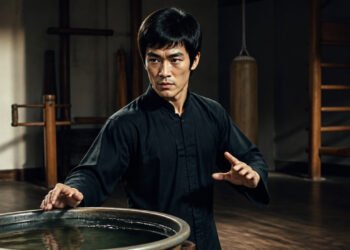 Homem com roupa preta pratica postura de arte marcial diante de uma grande bacia com água, em uma academia tradicional com equipamentos de madeira.