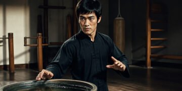 Homem com roupa preta pratica postura de arte marcial diante de uma grande bacia com água, em uma academia tradicional com equipamentos de madeira.