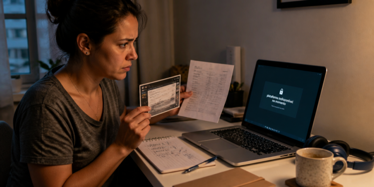 Mulher segura um print e um documento diante de um notebook que mostra a plataforma indisponível, com caderno e materiais de estudo sobre a mesa.