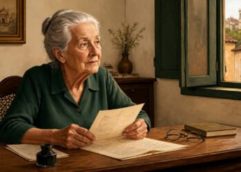 Mulher idosa de cabelos grisalhos sentada à mesa, segurando uma folha manuscrita entre cartas, tinteiro, óculos e um livro, diante de uma janela aberta para uma cidade histórica.