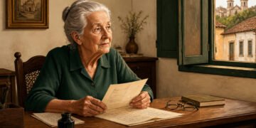 Mulher idosa de cabelos grisalhos sentada à mesa, segurando uma folha manuscrita entre cartas, tinteiro, óculos e um livro, diante de uma janela aberta para uma cidade histórica.