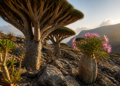 Paisagem rochosa de Socotra com árvores de copa em forma de guarda-chuva e planta suculenta com flores rosas em primeiro plano, sob luz dourada.