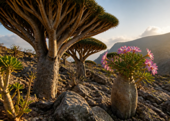 Paisagem rochosa de Socotra com árvores de copa em forma de guarda-chuva e planta suculenta com flores rosas em primeiro plano, sob luz dourada.