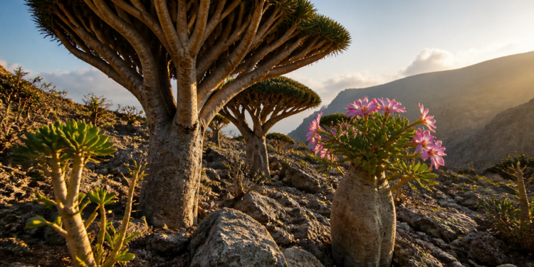 Paisagem rochosa de Socotra com árvores de copa em forma de guarda-chuva e planta suculenta com flores rosas em primeiro plano, sob luz dourada.