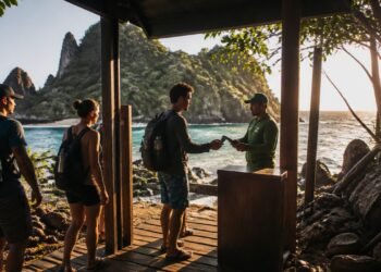 Visitantes com mochilas passam por um ponto de controle à beira-mar em Fernando de Noronha, onde um funcionário entrega um documento a um turista.
