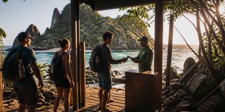 Visitantes com mochilas passam por um ponto de controle à beira-mar em Fernando de Noronha, onde um funcionário entrega um documento a um turista.