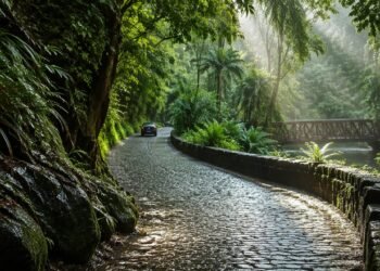 Estrada de paralelepípedos molhada atravessa a Mata Atlântica, com um carro ao fundo, muro de pedra e ponte de madeira entre a vegetação.