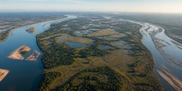 Vista aérea da Ilha do Bananal entre dois braços do rio Araguaia, com áreas de vegetação, lagoas e bancos de areia.