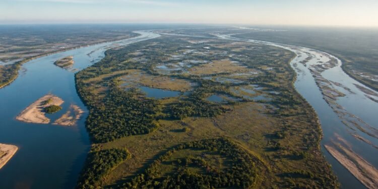 Vista aérea da Ilha do Bananal entre dois braços do rio Araguaia, com áreas de vegetação, lagoas e bancos de areia.