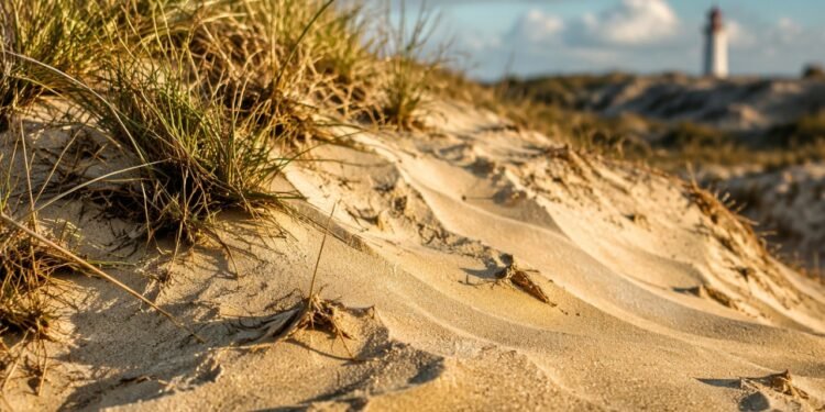Dunas de areia com vegetação rasteira em primeiro plano e o Farol de Santa Marta desfocado ao fundo.