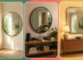 Comparação de três espelhos em ambientes internos: um reflete a luz da janela, outro destaca uma mesa desorganizada com livros e cabos, e o terceiro reflete uma decoração organizada.
