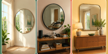 Comparação de três espelhos em ambientes internos: um reflete a luz da janela, outro destaca uma mesa desorganizada com livros e cabos, e o terceiro reflete uma decoração organizada.
