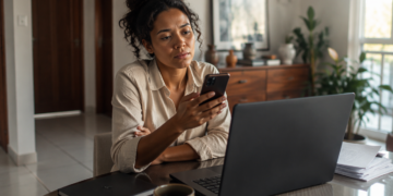 Mulher sentada à mesa observa o celular diante de um notebook aberto, com papéis, caderno e xícara ao redor, em um ambiente doméstico de trabalho.