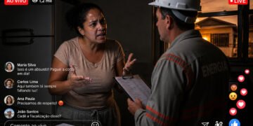 Moradora discute com um funcionário da companhia de energia dentro de uma casa sem iluminação, enquanto uma transmissão ao vivo exibe comentários de apoio e reclamações de outros usuários.