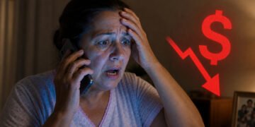 Mulher com expressão de choque fala ao celular e leva a mão à testa, enquanto um símbolo vermelho de cifrão com seta para baixo aparece ao lado em um ambiente interno.