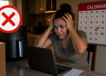 Consumidora desesperada diante de um notebook segura a cabeça ao lado de uma fritadeira elétrica, uma caixa de entrega e um calendário marcado no sétimo dia.