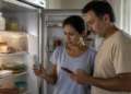 Casal observa os alimentos em uma geladeira aberta enquanto a mulher segura um termômetro e o homem consulta o celular, com expressão de preocupação.