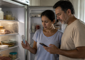 Casal observa os alimentos em uma geladeira aberta enquanto a mulher segura um termômetro e o homem consulta o celular, com expressão de preocupação.